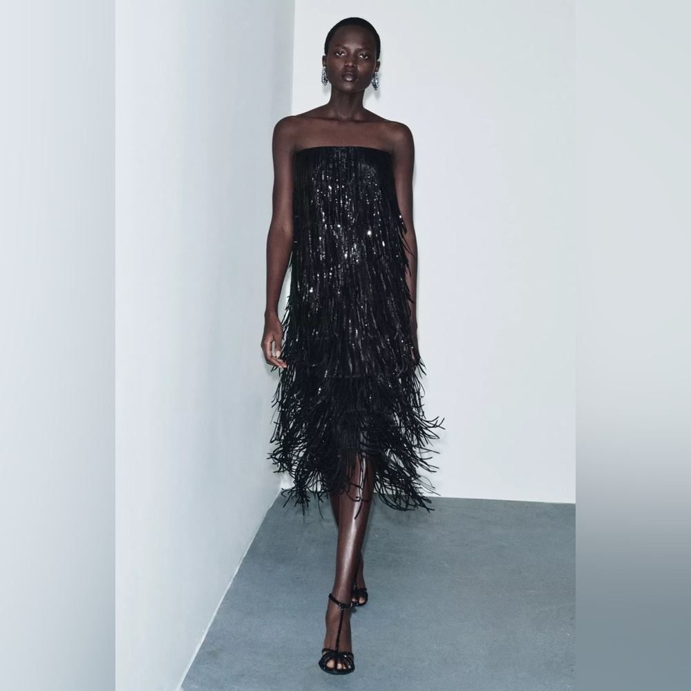Zara Limited Edition SEQUIN FRINGE Black Midi DRESS sz.XS - Picture 5 of 15